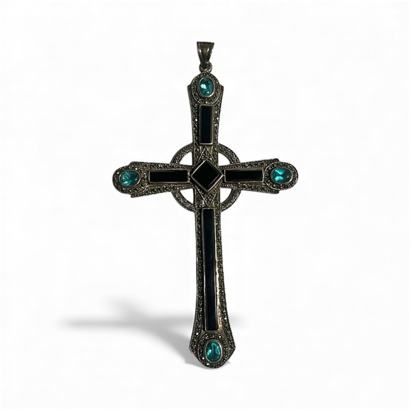 Sterling Silver Cross Onyx Peridot Amethyst Marcasite Pendent Necklace